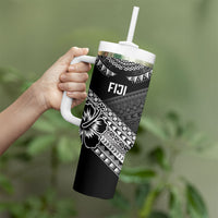 Custom Rugby Fiji Tumbler With Handle Black Traditional Masi Inspired LT9 - Polynesian Pride