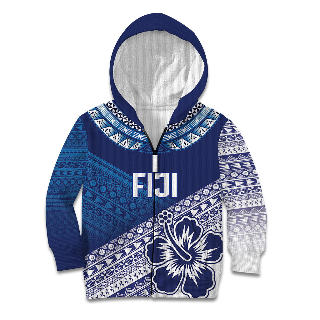 Custom Rugby Fiji Kid Hoodie Blue Traditional Masi Inspired LT9 Zip Hoodie Blue - Polynesian Pride