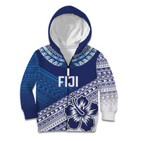Custom Rugby Fiji Kid Hoodie Blue Traditional Masi Inspired LT9 Zip Hoodie Blue - Polynesian Pride
