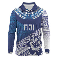 Custom Rugby Fiji Long Sleeve Polo Shirt Blue Traditional Masi Inspired LT9 Blue - Polynesian Pride