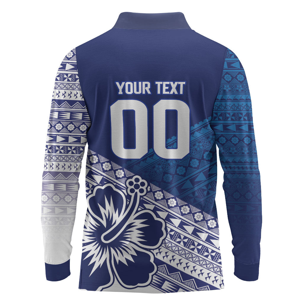 Custom Rugby Fiji Long Sleeve Polo Shirt Blue Traditional Masi Inspired LT9 - Polynesian Pride