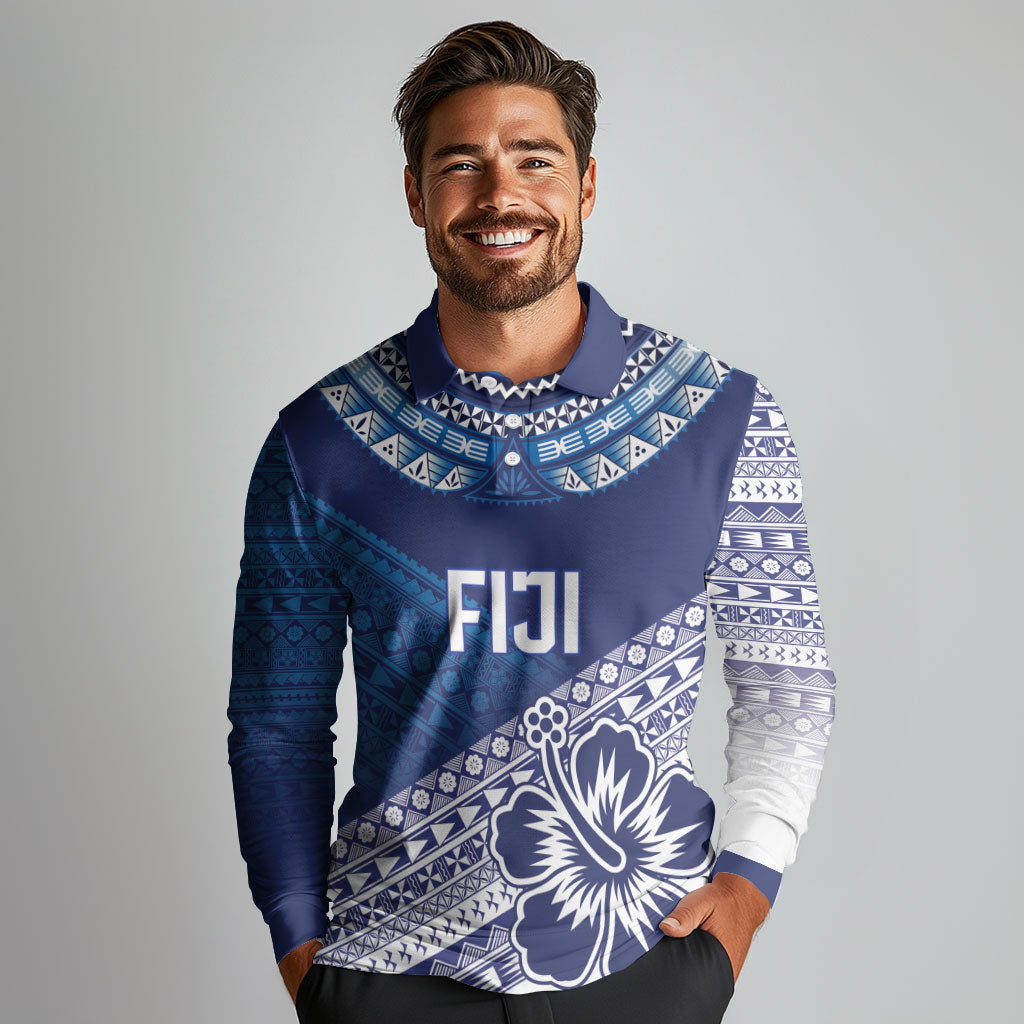 Custom Rugby Fiji Long Sleeve Polo Shirt Blue Traditional Masi Inspired LT9 - Polynesian Pride