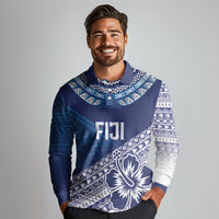 Custom Rugby Fiji Long Sleeve Polo Shirt Blue Traditional Masi Inspired LT9 - Polynesian Pride