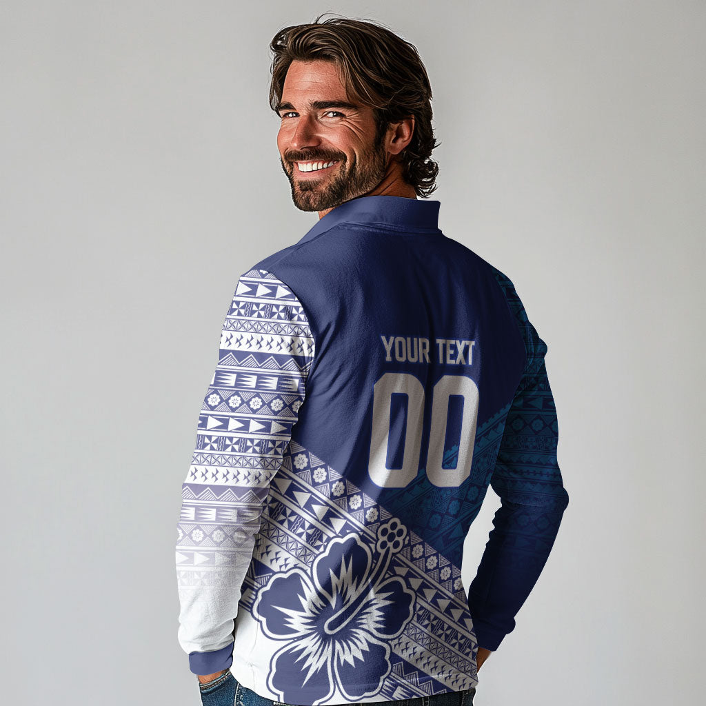 Custom Rugby Fiji Long Sleeve Polo Shirt Blue Traditional Masi Inspired LT9 - Polynesian Pride
