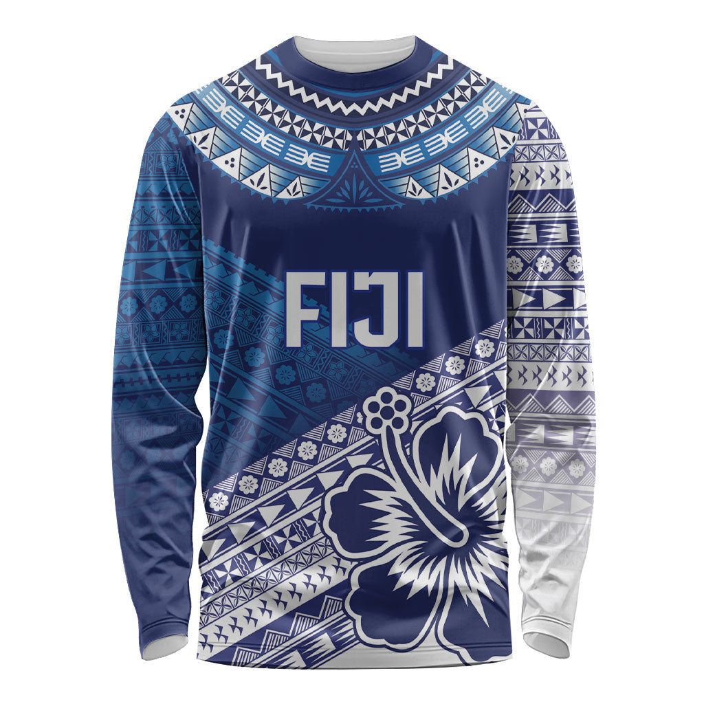 Custom Rugby Fiji Long Sleeve Shirt Blue Traditional Masi Inspired LT9 Unisex Blue - Polynesian Pride