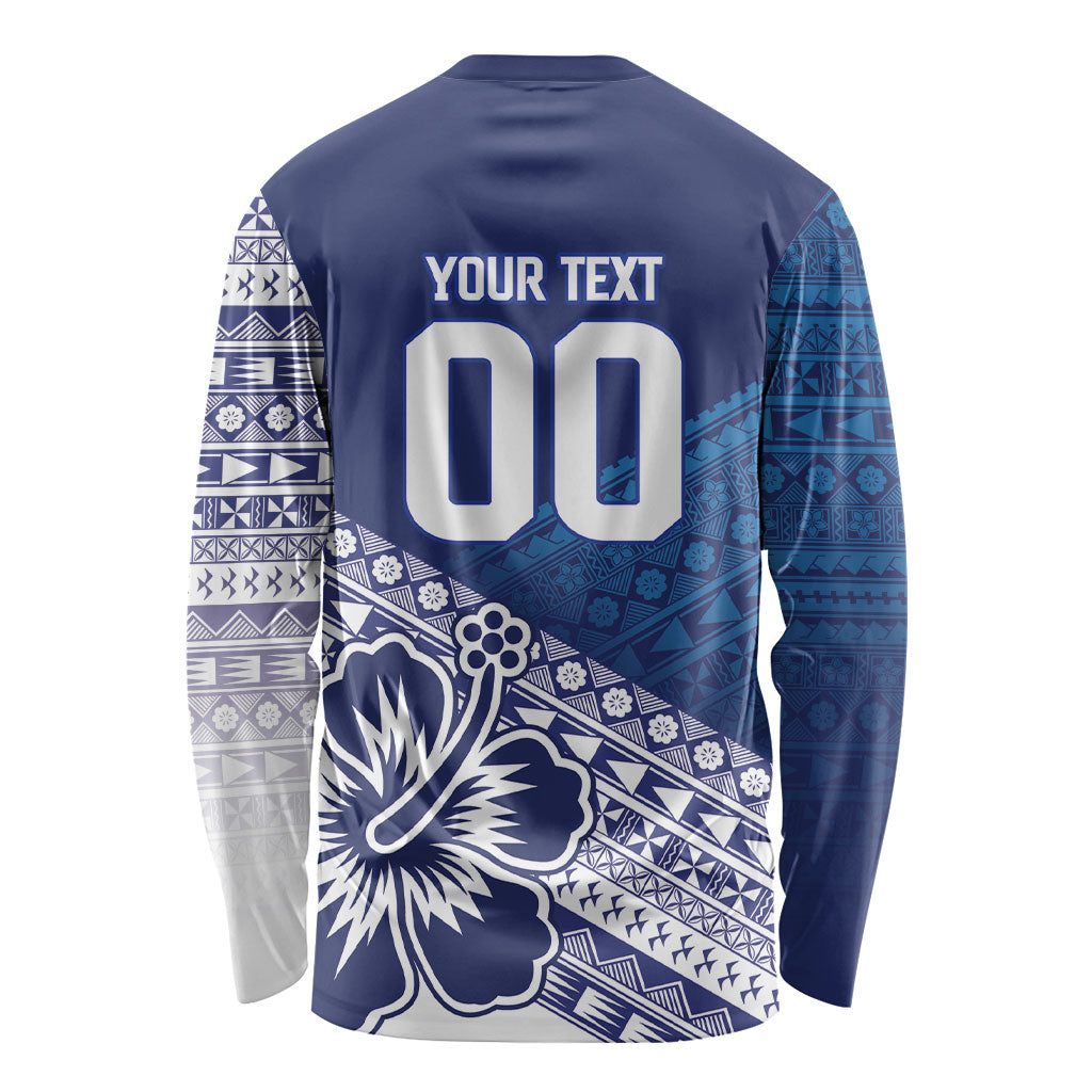Custom Rugby Fiji Long Sleeve Shirt Blue Traditional Masi Inspired LT9 - Polynesian Pride