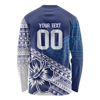 Custom Rugby Fiji Long Sleeve Shirt Blue Traditional Masi Inspired LT9 - Polynesian Pride