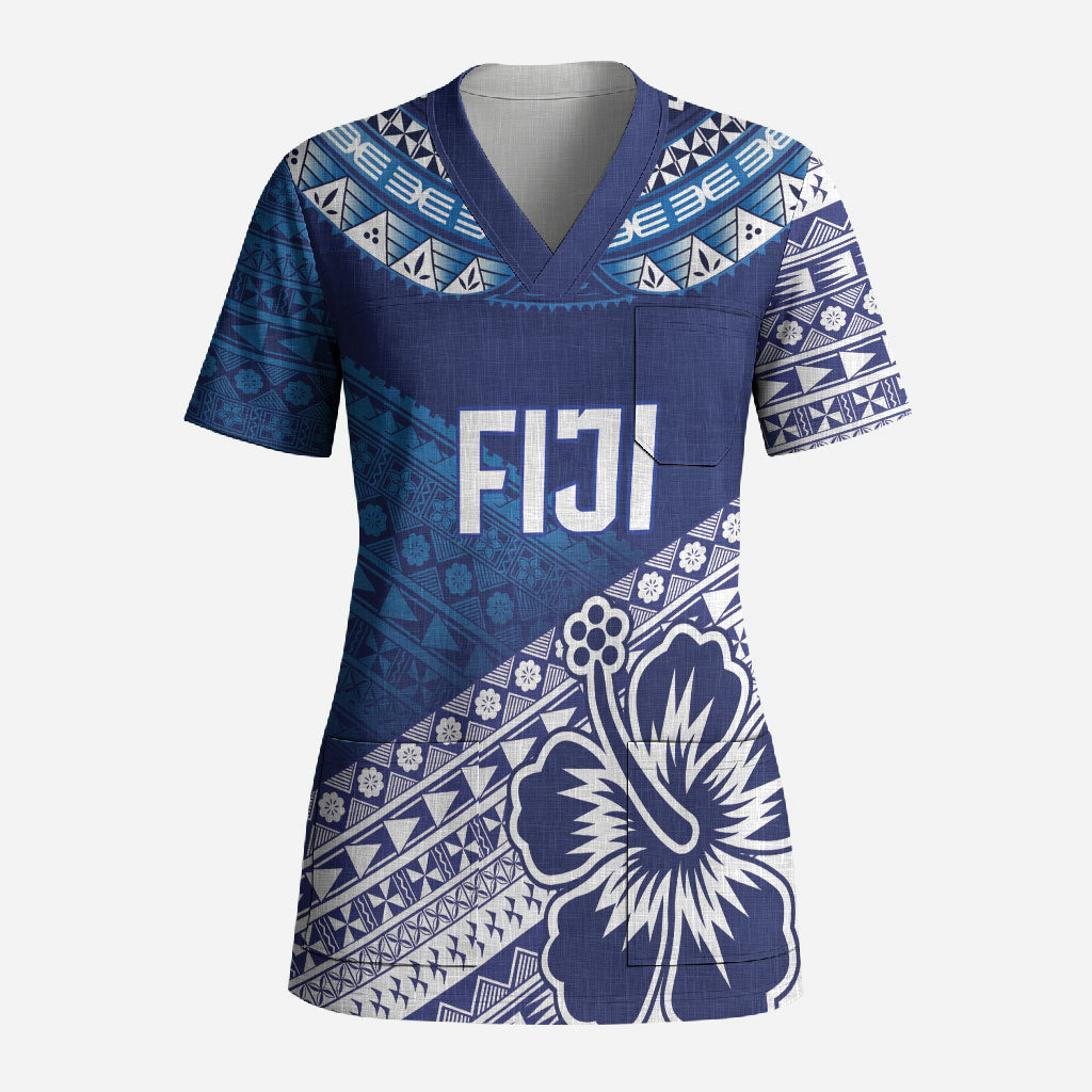 Custom Rugby Fiji Scrub Top Blue Traditional Masi Inspired LT9 Adult Blue - Polynesian Pride