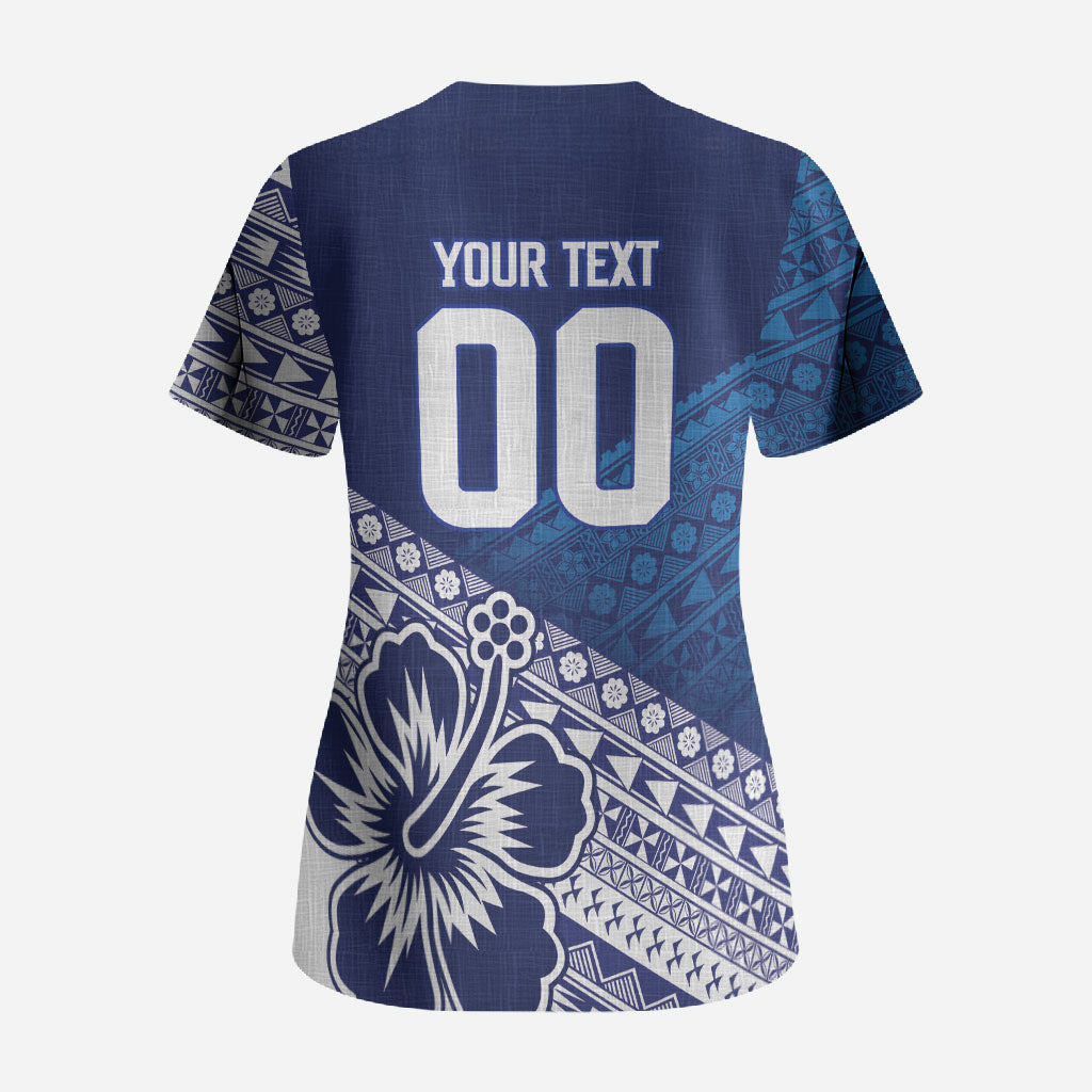 Custom Rugby Fiji Scrub Top Blue Traditional Masi Inspired LT9 - Polynesian Pride