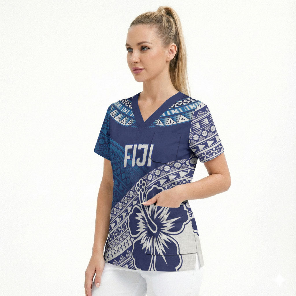 Custom Rugby Fiji Scrub Top Blue Traditional Masi Inspired LT9 - Polynesian Pride