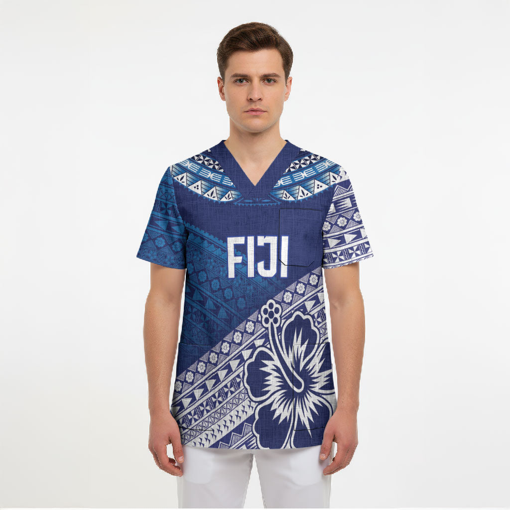 Custom Rugby Fiji Scrub Top Blue Traditional Masi Inspired LT9 - Polynesian Pride