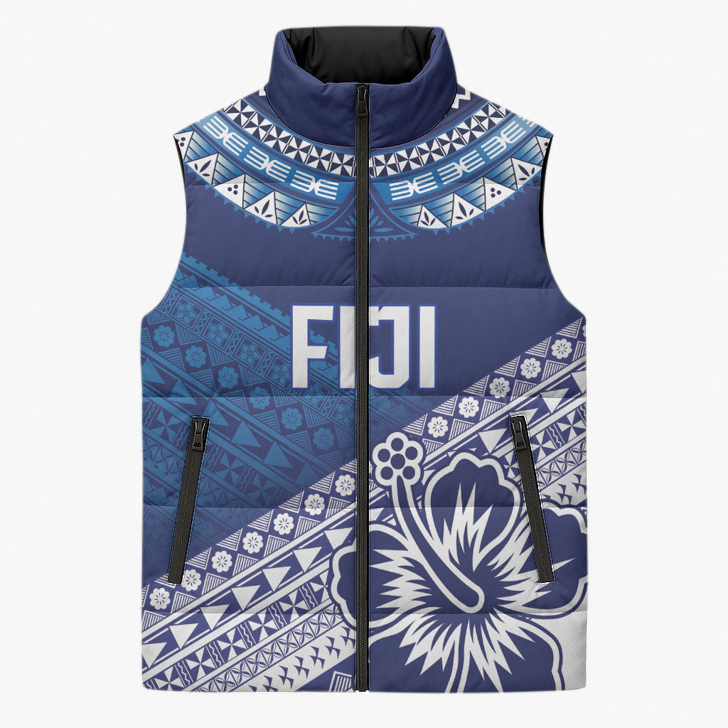 Custom Rugby Fiji Sleeveless Puffer Jacket Blue Traditional Masi Inspired LT9 Unisex Blue - Polynesian Pride
