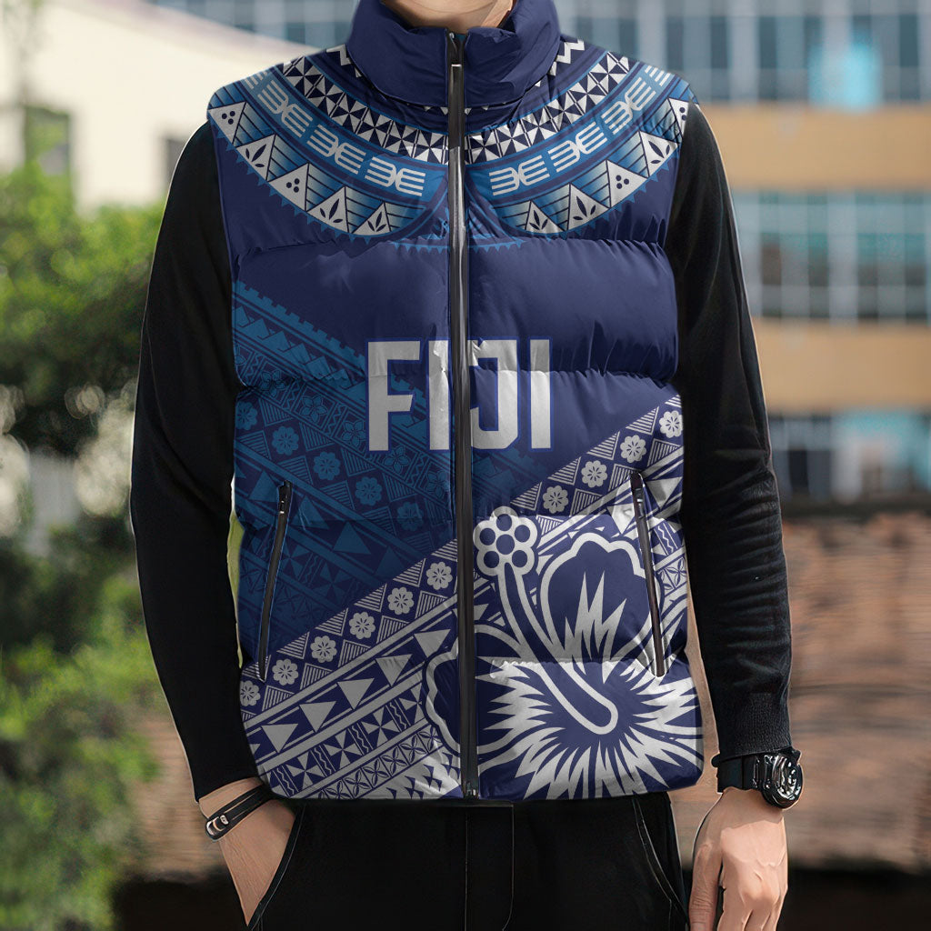 Custom Rugby Fiji Sleeveless Puffer Jacket Blue Traditional Masi Inspired LT9 - Polynesian Pride