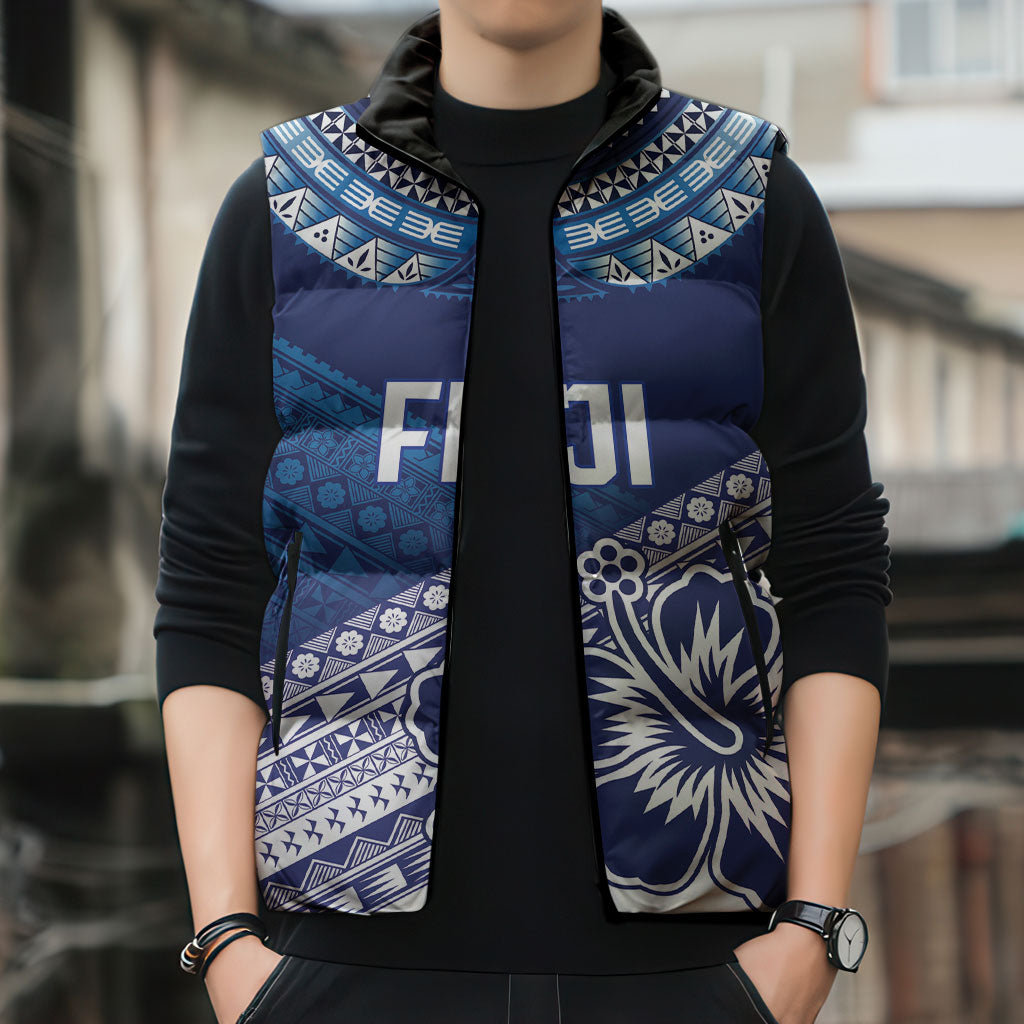 Custom Rugby Fiji Sleeveless Puffer Jacket Blue Traditional Masi Inspired LT9 - Polynesian Pride