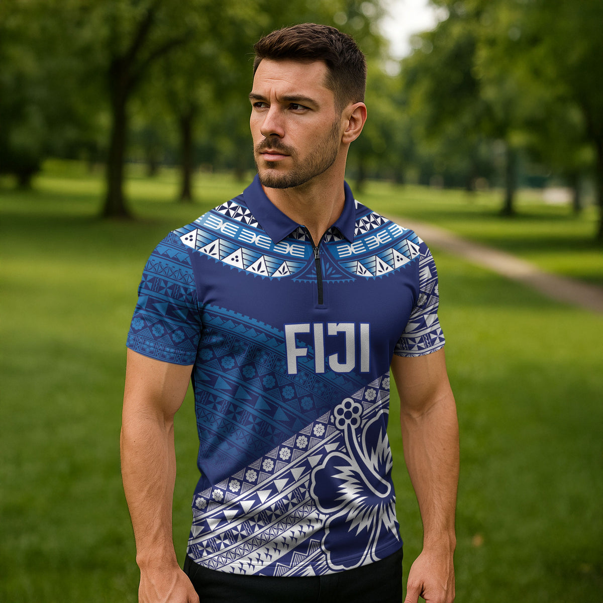 Custom Rugby Fiji Zipper Polo Shirt Blue Traditional Masi Inspired LT9 - Polynesian Pride