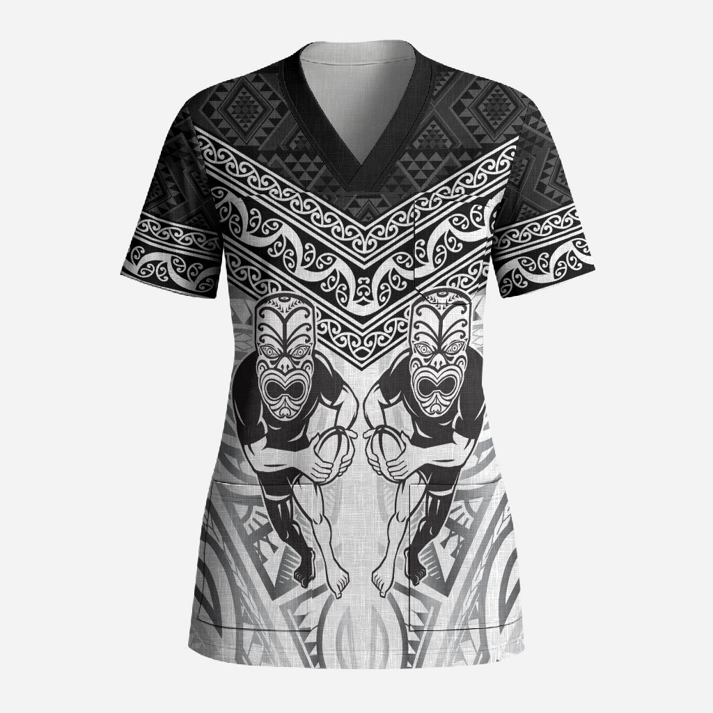 Custom Rugby New Zealand Black Fern Scrub Top Niho Taniwha Inspired LT9 Adult White - Polynesian Pride