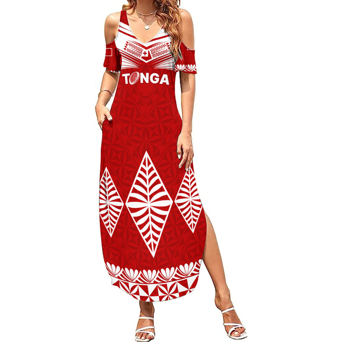 Tonga Rugby Summer Maxi Dress Proud Tongan Ngatu Kupesi World Cup 2023 No1 LT9 Women White - Polynesian Pride