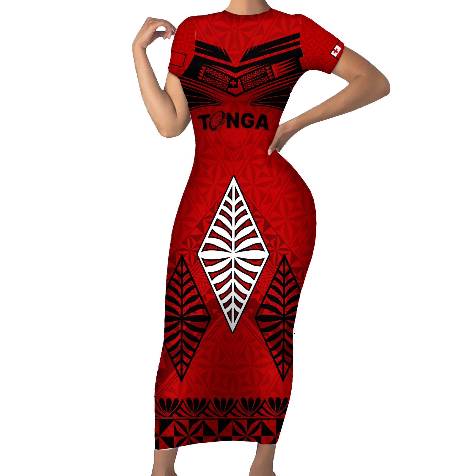 Tonga Rugby Short Sleeve Bodycon Dress Proud Tongan Ngatu Kupesi World Cup 2023 No2 LT9 Long Dress Black - Polynesian Pride