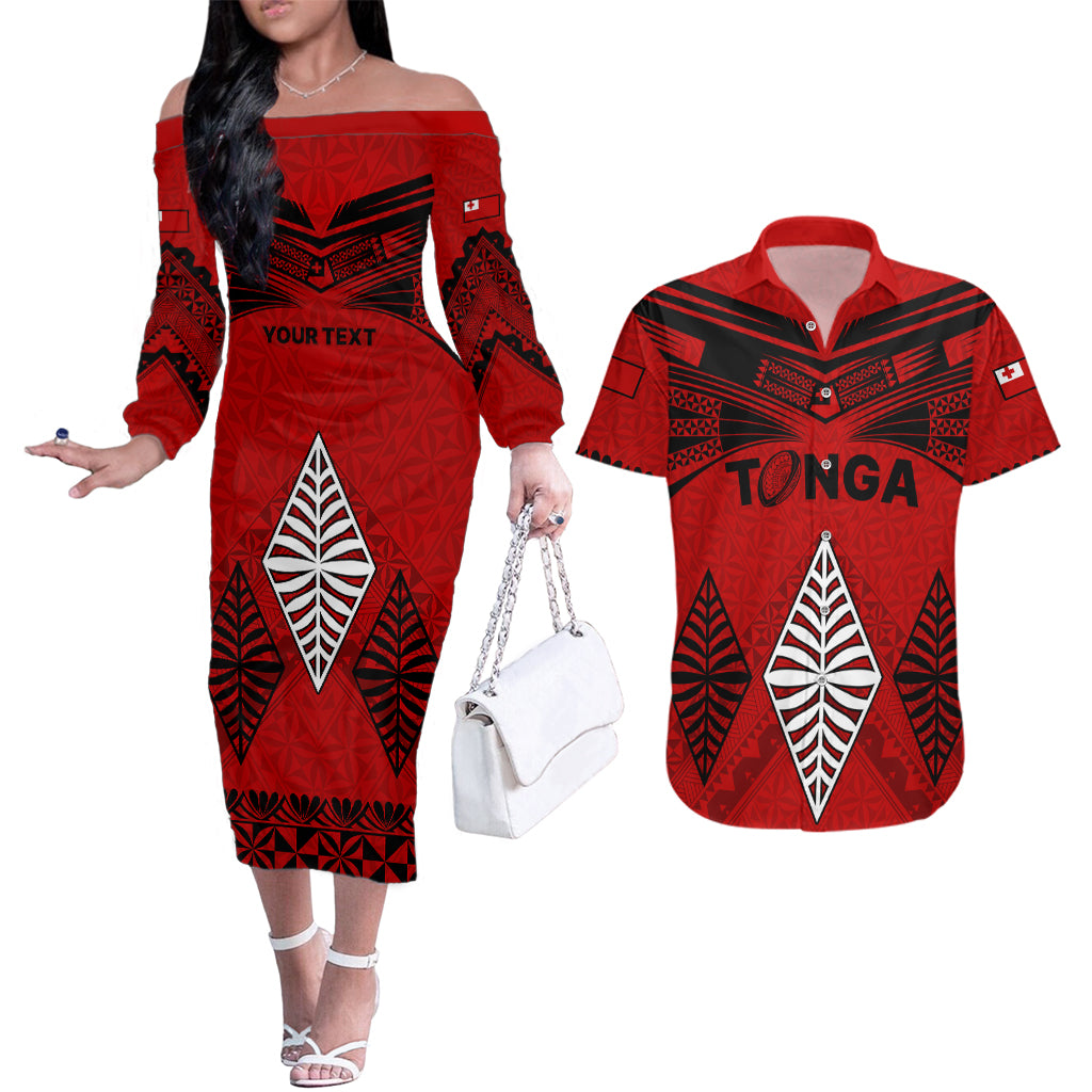 Custom Tonga Rugby Couples Matching Off The Shoulder Long Sleeve Dress and Hawaiian Shirt Proud Tongan Ngatu Kupesi World Cup 2023 No2 LT9 Black - Polynesian Pride