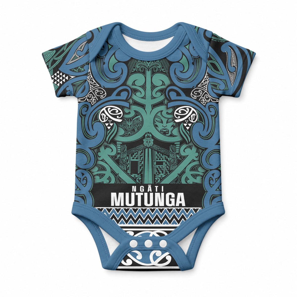 Aotearoa Iwi Ngati Mutunga Baby Onesie Maori Wharenui House Tribal Pattern LT9 Ocean Blue - Polynesian Pride