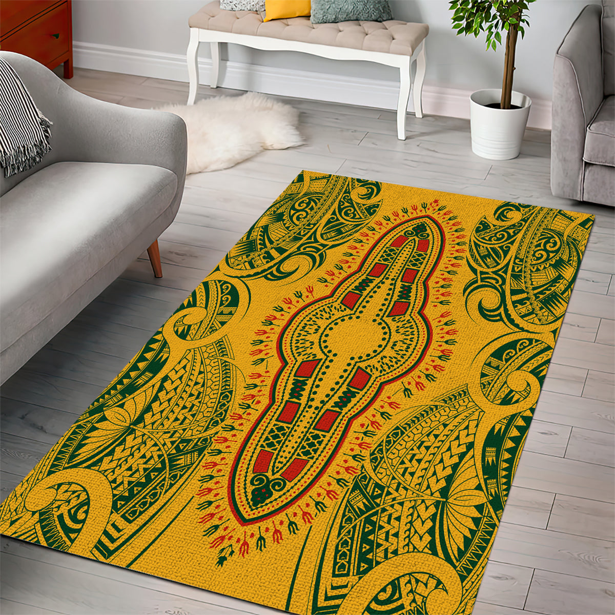 Africa Dashiki Area Rug African Tribal Art Mixed Polynesian Tattoo Gold Color Unique LT9 - Polynesian Pride