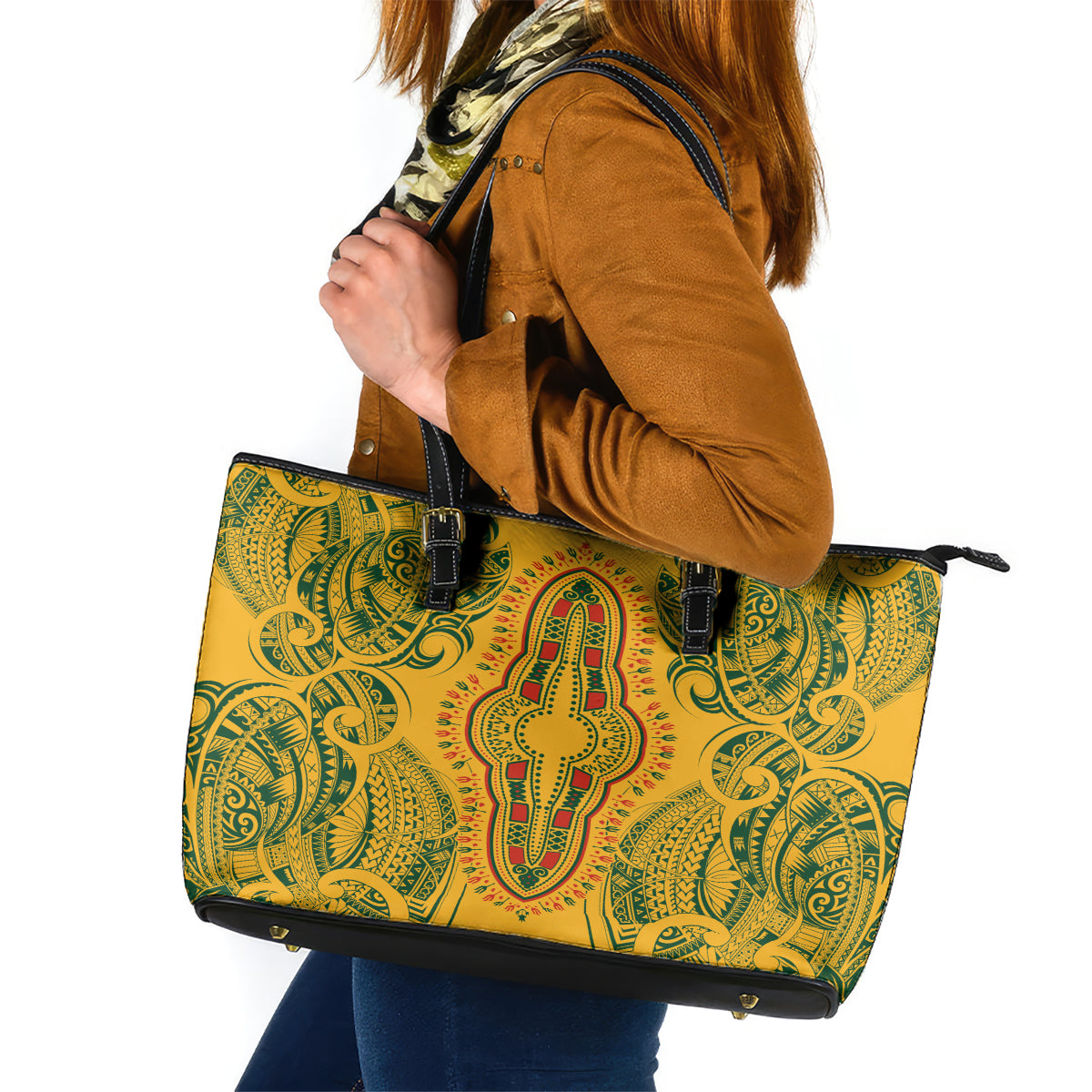 Africa Dashiki Leather Tote Bag African Tribal Art Mixed Polynesian Tattoo Gold Color Unique LT9 Gold - Polynesian Pride