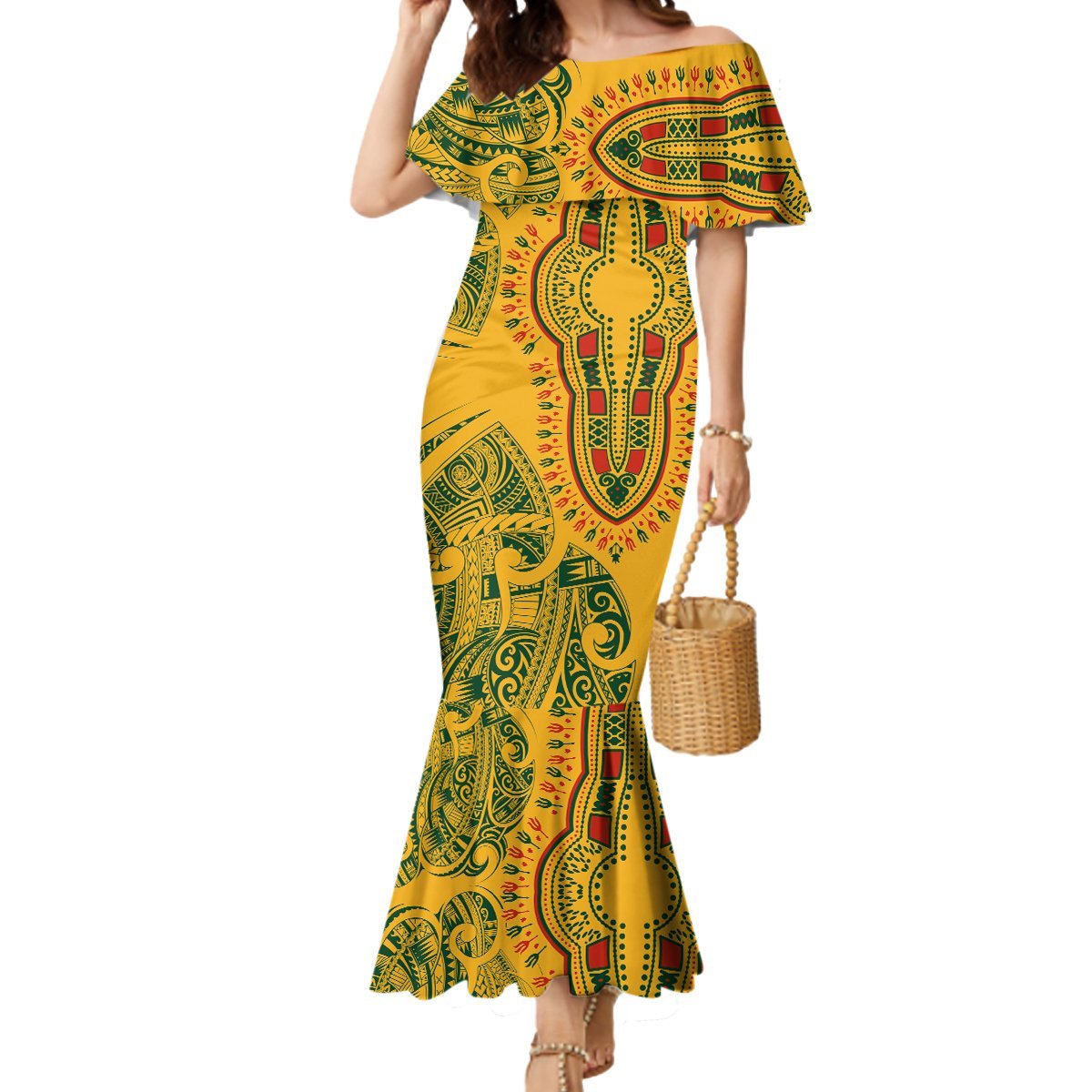 Africa Dashiki Mermaid Dress African Tribal Art Mixed Polynesian Tattoo Gold Color Unique LT9 Women Gold - Polynesian Pride