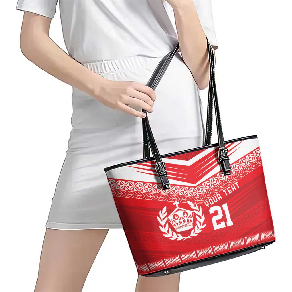 Custom Mate Ma'a Tonga Heritage Leather Tote Bag Pacific Tribal Rugby Red Edition LT9 - Polynesian Pride