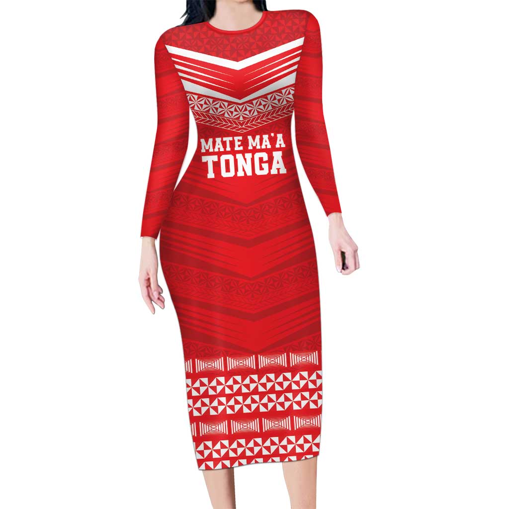 Custom Mate Ma'a Tonga Heritage Long Sleeve Bodycon Dress Pacific Tribal Rugby Red Edition LT9 Long Dress Red - Polynesian Pride