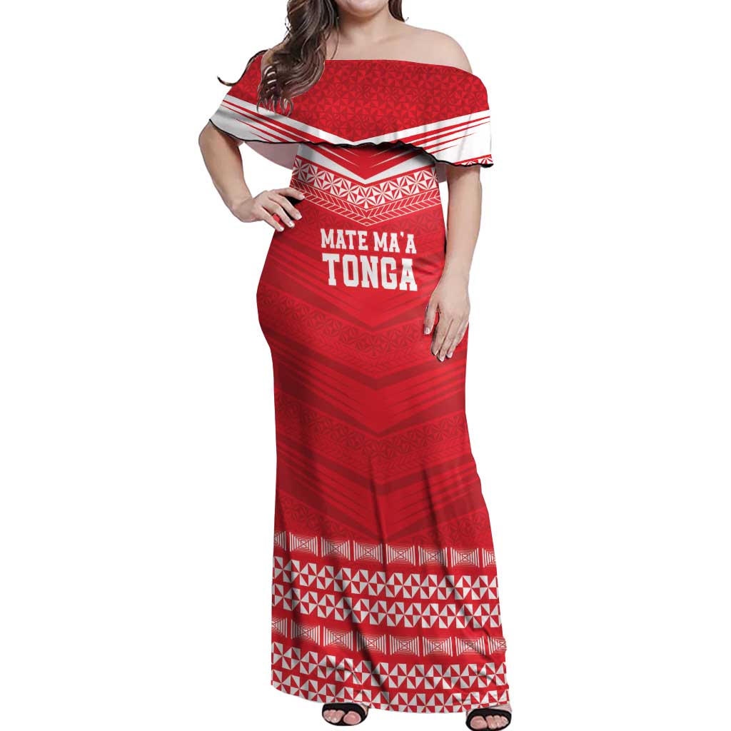 Custom Mate Ma'a Tonga Heritage Off Shoulder Maxi Dress Pacific Tribal Rugby Red Edition LT9 Women Red - Polynesian Pride