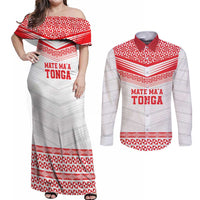 Custom Mate Ma'a Tonga Heritage Couples Matching Off Shoulder Maxi Dress and Long Sleeve Button Shirt Pacific Tribal Rugby White Edition LT9 White - Polynesian Pride