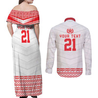 Custom Mate Ma'a Tonga Heritage Couples Matching Off Shoulder Maxi Dress and Long Sleeve Button Shirt Pacific Tribal Rugby White Edition LT9 - Polynesian Pride