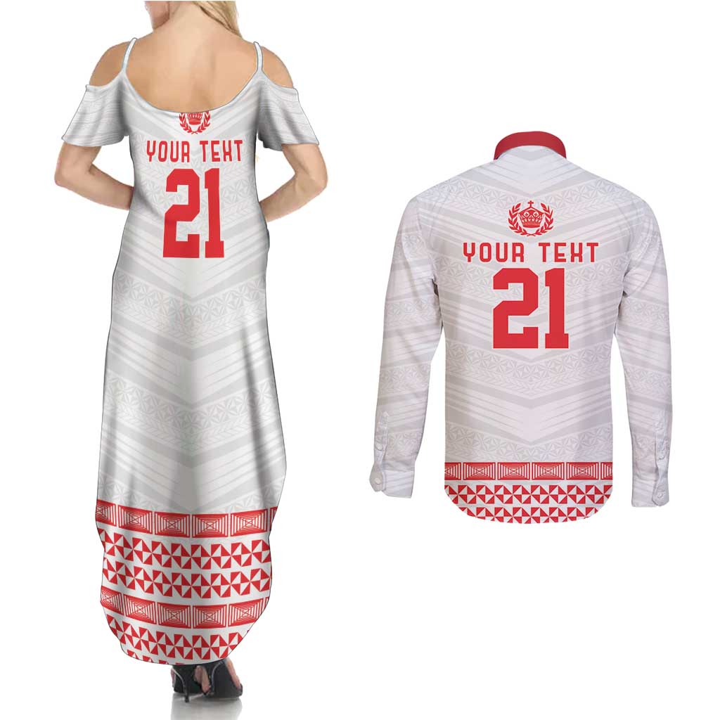 Custom Mate Ma'a Tonga Heritage Couples Matching Summer Maxi Dress and Long Sleeve Button Shirt Pacific Tribal Rugby White Edition LT9 - Polynesian Pride