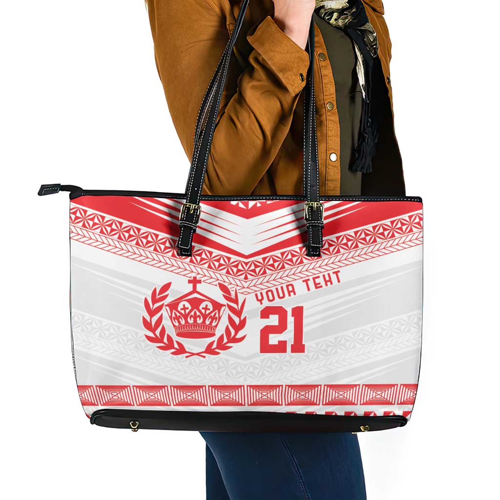 Custom Mate Ma'a Tonga Heritage Leather Tote Bag Pacific Tribal Rugby White Edition LT9 - Polynesian Pride