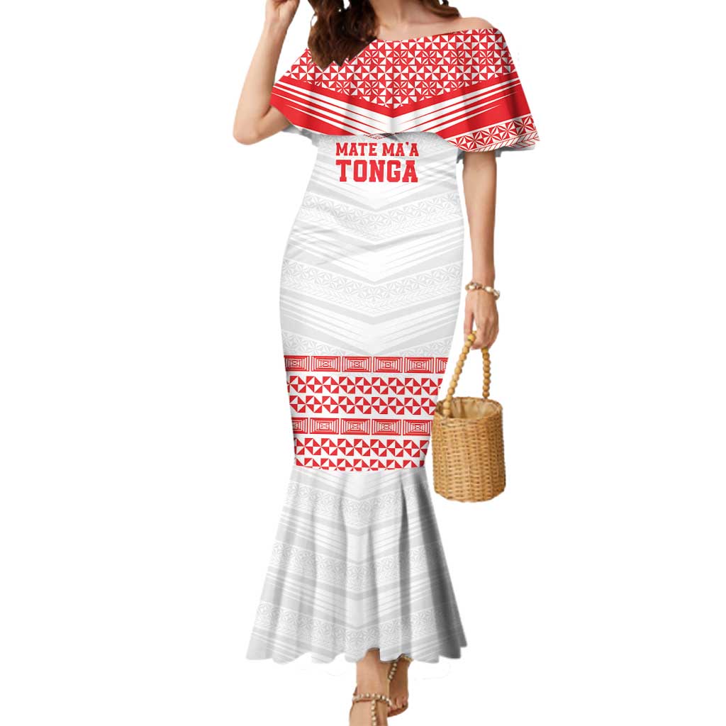 Custom Mate Ma'a Tonga Heritage Mermaid Dress Pacific Tribal Rugby White Edition LT9 Women White - Polynesian Pride