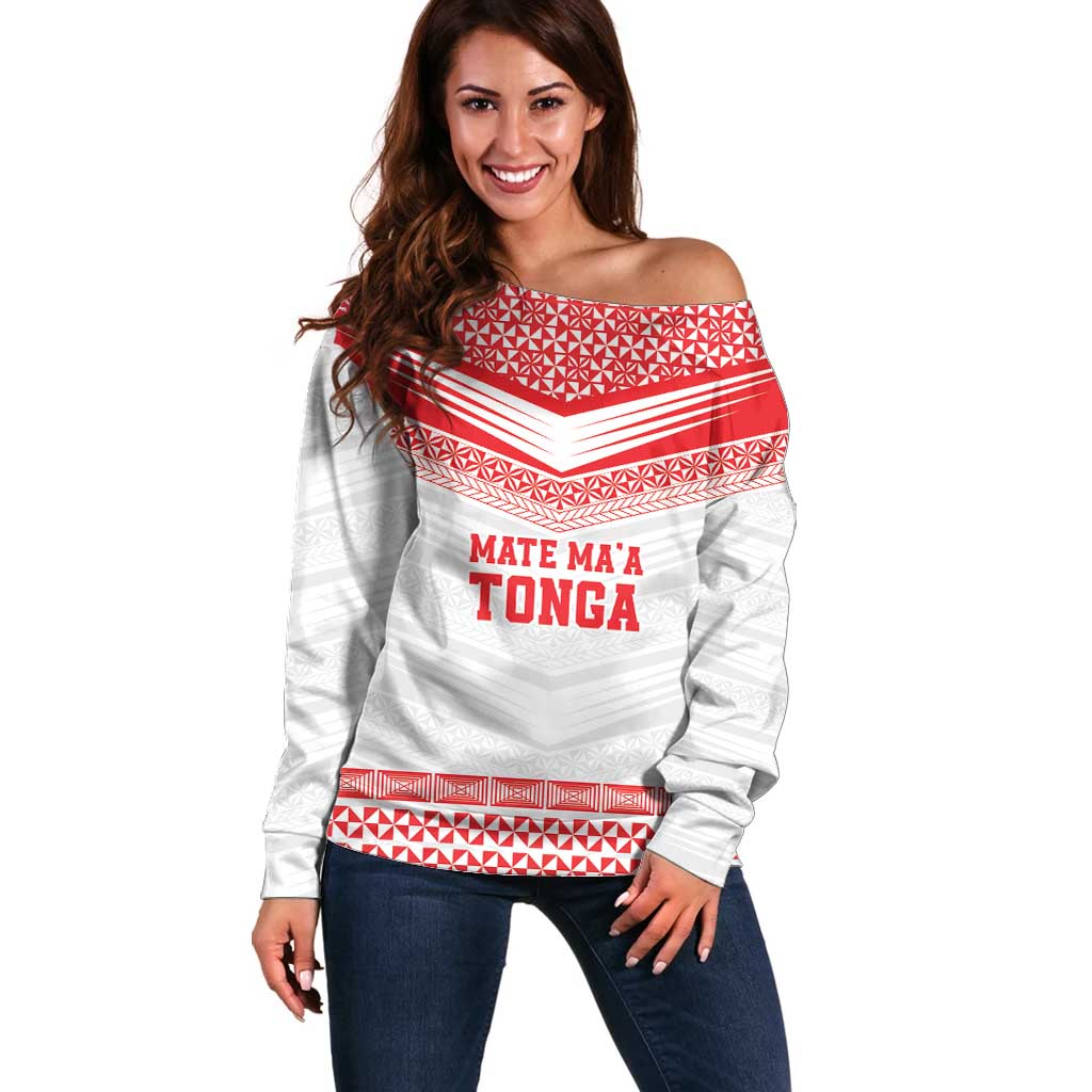 Custom Mate Ma'a Tonga Heritage Off Shoulder Sweater Pacific Tribal Rugby White Edition LT9 Women White - Polynesian Pride