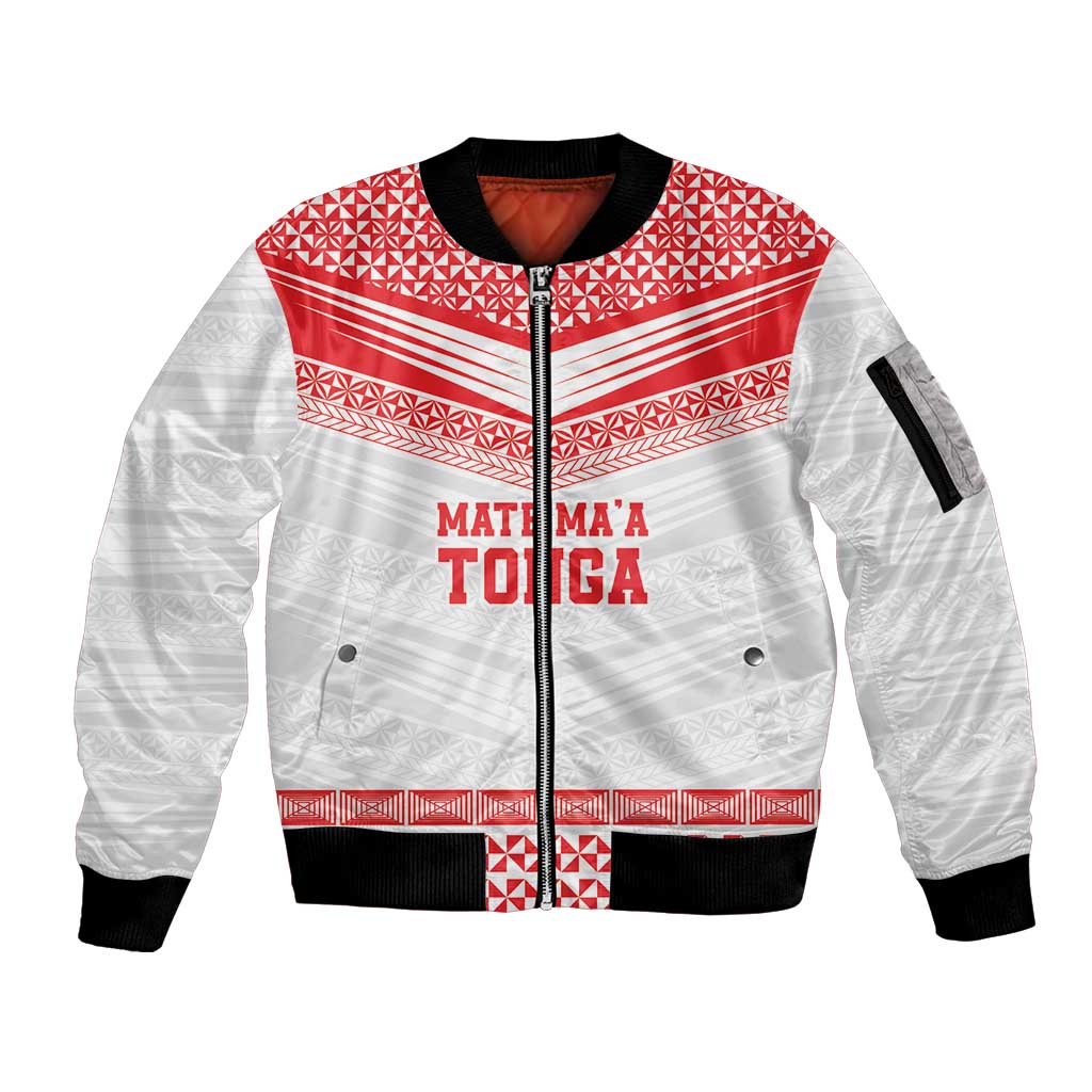 Custom Mate Ma'a Tonga Heritage Sleeve Zip Bomber Jacket Pacific Tribal Rugby White Edition LT9 Unisex White - Polynesian Pride