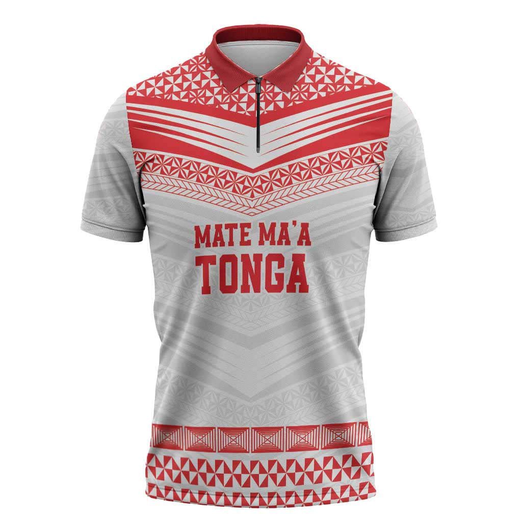 Custom Mate Ma'a Tonga Heritage Zipper Polo Shirt Pacific Tribal Rugby White Edition LT9 White - Polynesian Pride