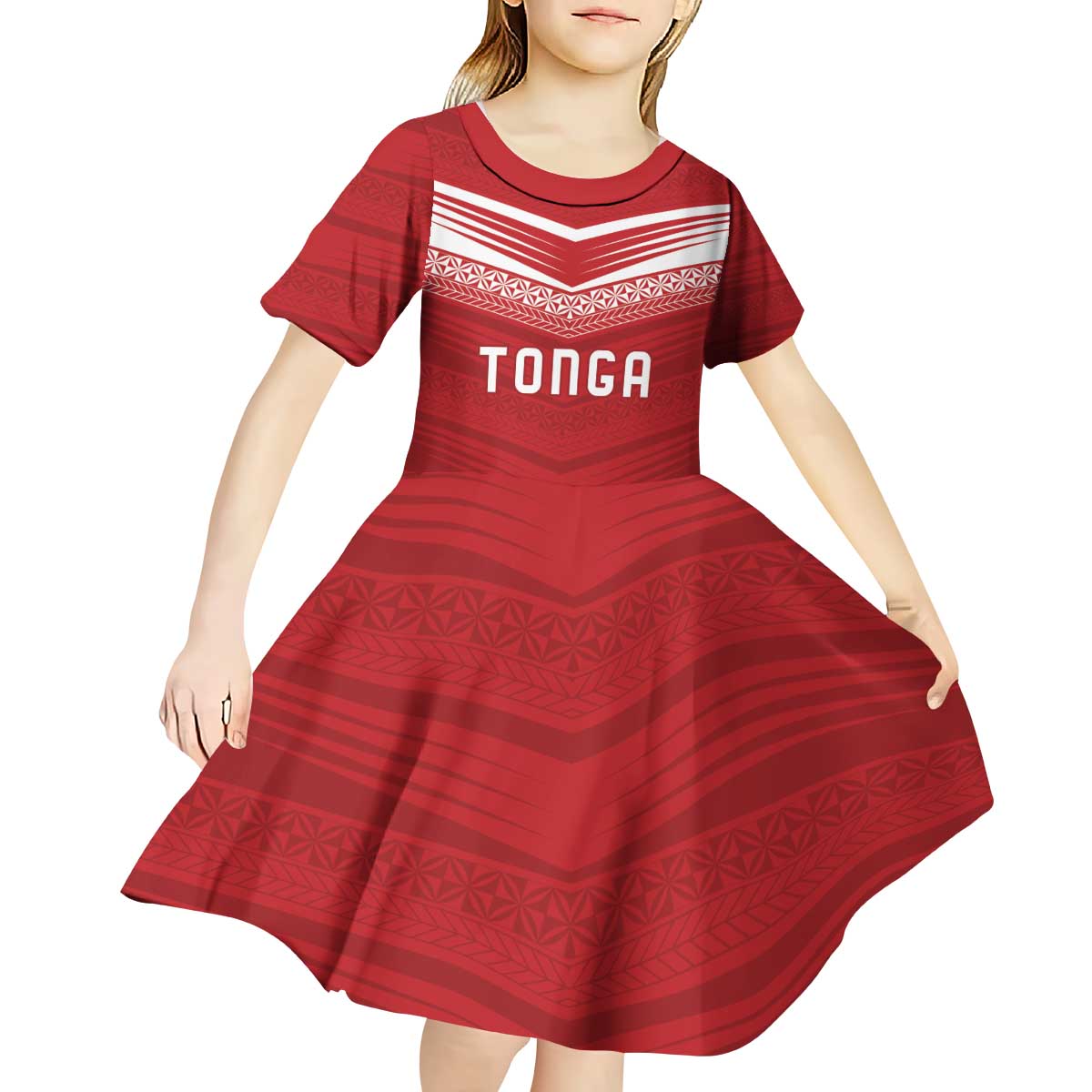 Custom Pacific Rugby Spirit Kid Short Sleeve Dress Tonga Ngatu Pride Red Edition LT9 - Polynesian Pride