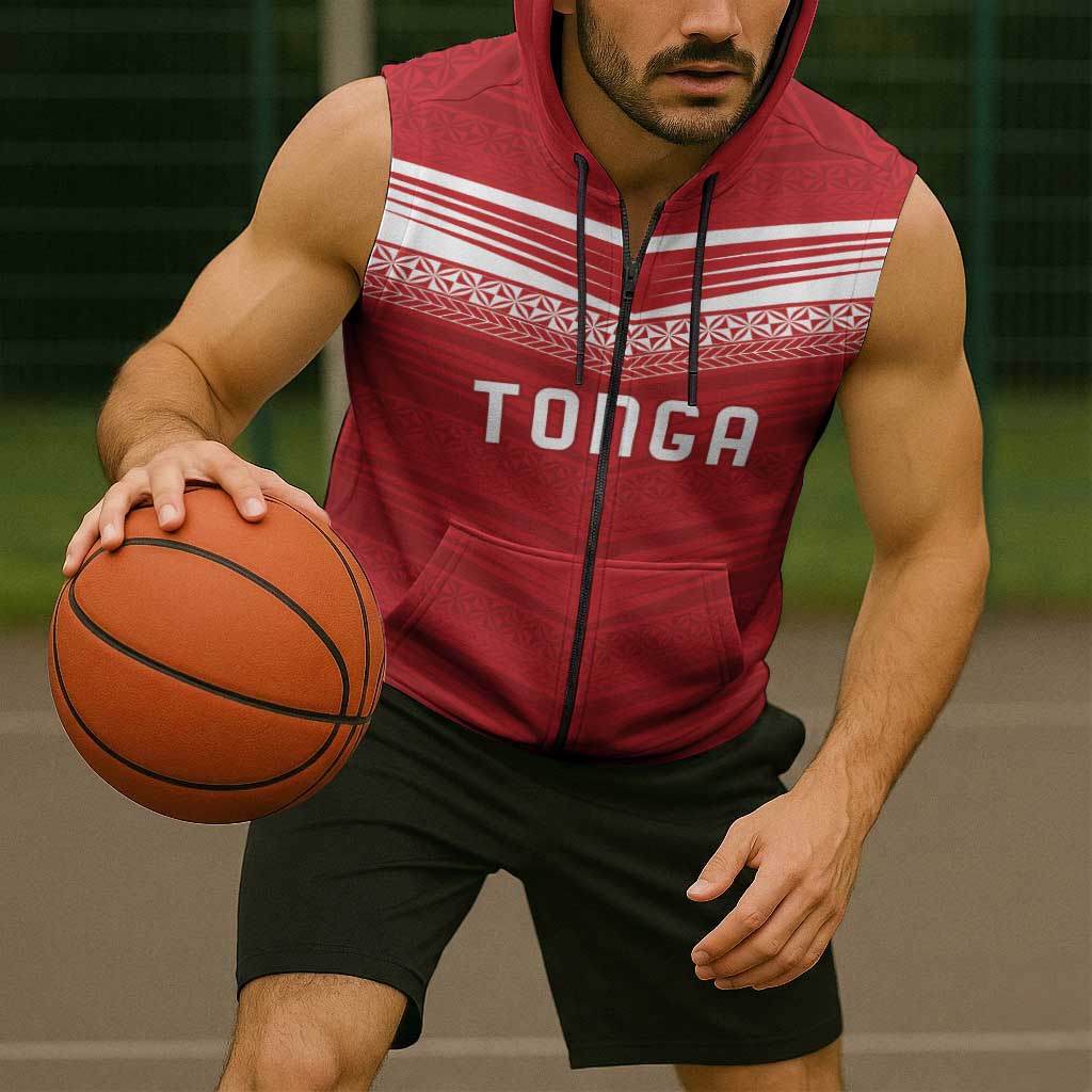 Custom Pacific Rugby Spirit Sleeveless Zip Hoodie Tonga Ngatu Pride Red Edition LT9 - Polynesian Pride