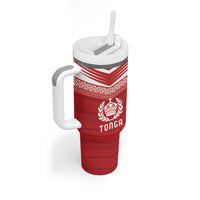 Custom Pacific Rugby Spirit Tumbler With Handle Tonga Ngatu Pride Red Edition LT9 - Polynesian Pride