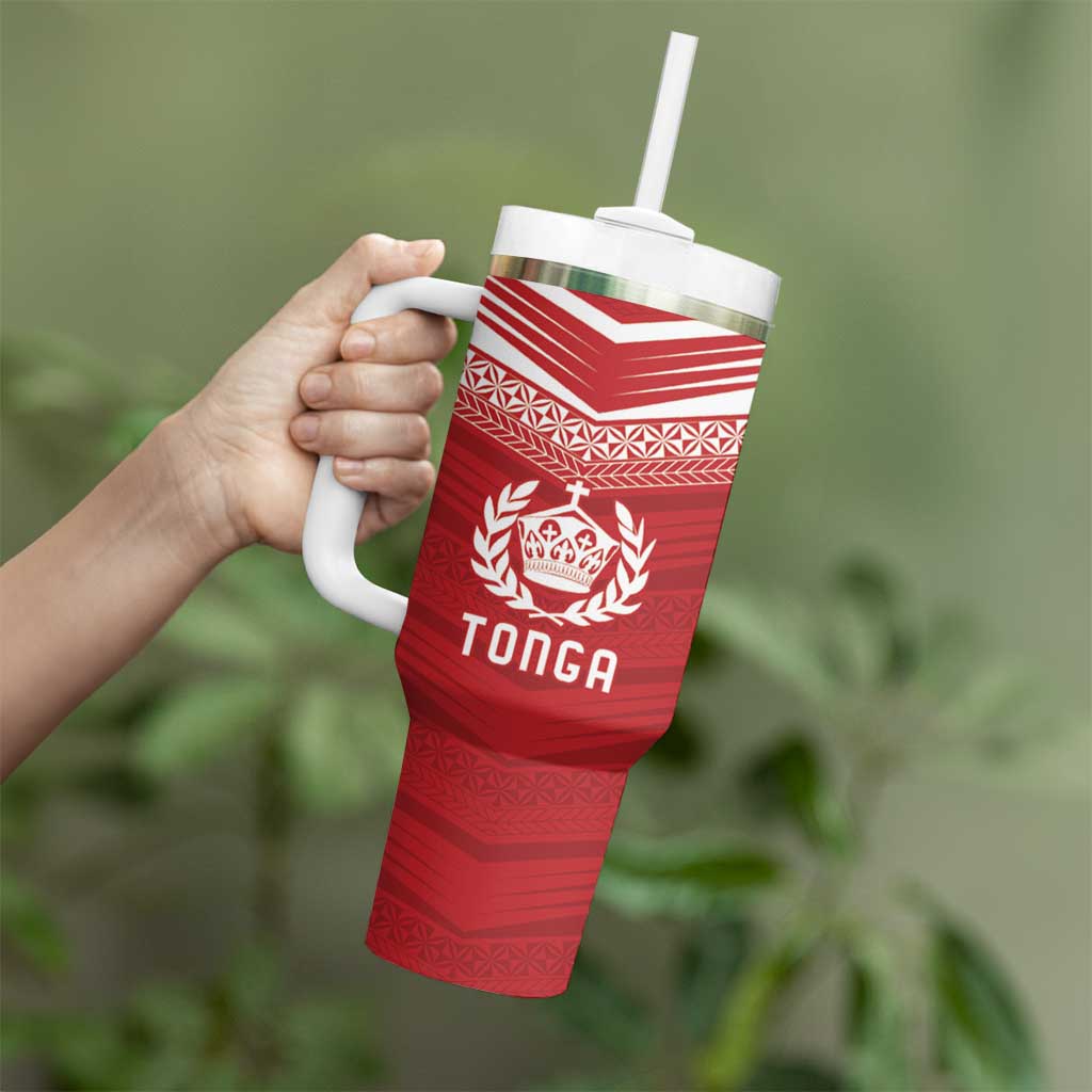 Custom Pacific Rugby Spirit Tumbler With Handle Tonga Ngatu Pride Red Edition LT9 - Polynesian Pride