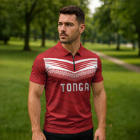 Custom Pacific Rugby Spirit Zipper Polo Shirt Tonga Ngatu Pride Red Edition LT9 - Polynesian Pride