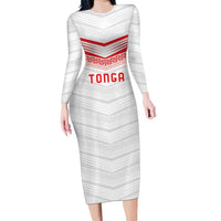 Custom Pacific Rugby Spirit Long Sleeve Bodycon Dress Tonga Ngatu Pride White Edition LT9 Long Dress White - Polynesian Pride
