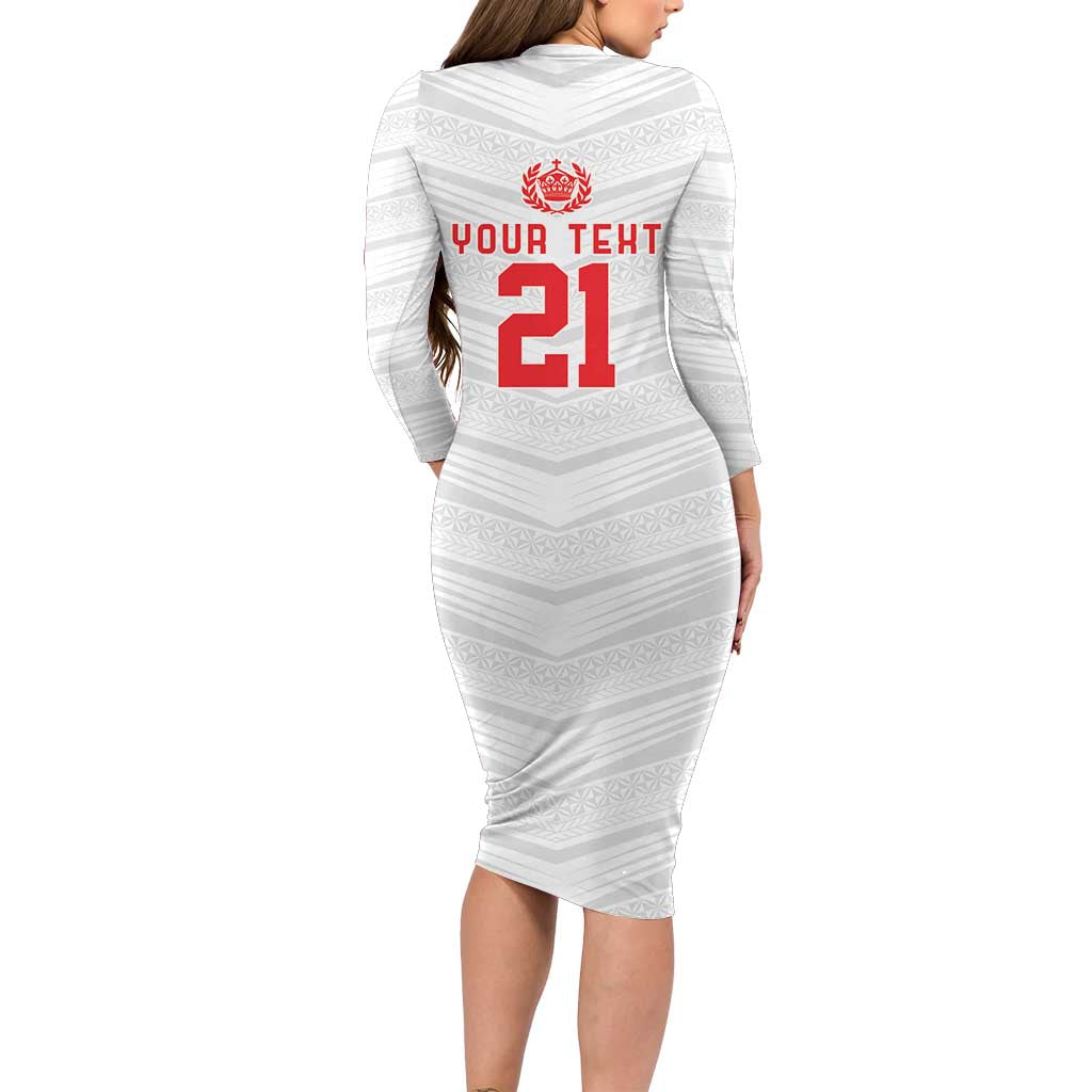 Custom Pacific Rugby Spirit Long Sleeve Bodycon Dress Tonga Ngatu Pride White Edition LT9 - Polynesian Pride