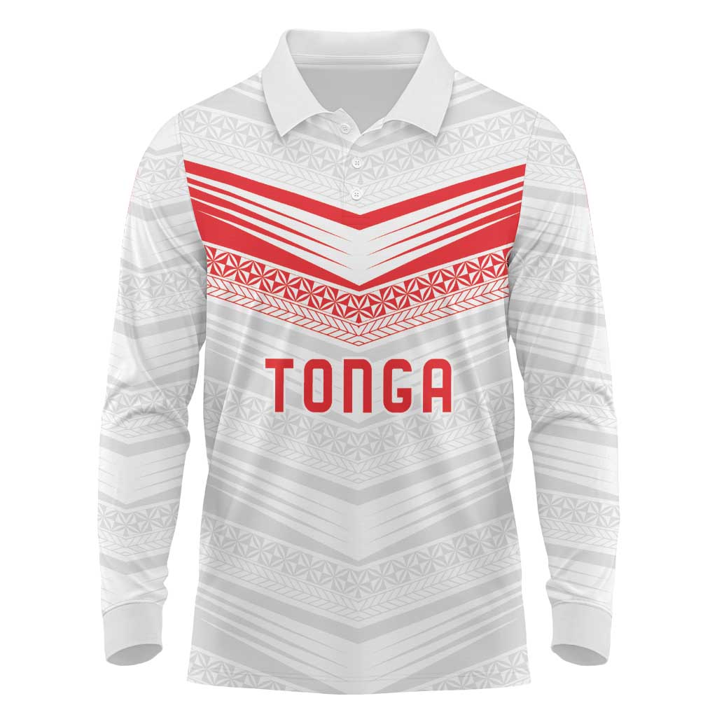 Custom Pacific Rugby Spirit Long Sleeve Polo Shirt Tonga Ngatu Pride White Edition LT9 White - Polynesian Pride