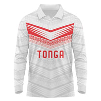 Custom Pacific Rugby Spirit Long Sleeve Polo Shirt Tonga Ngatu Pride White Edition LT9 White - Polynesian Pride
