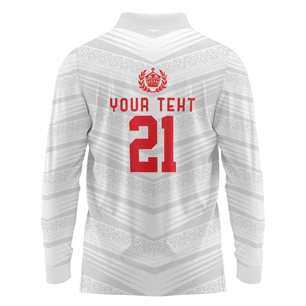 Custom Pacific Rugby Spirit Long Sleeve Polo Shirt Tonga Ngatu Pride White Edition LT9 - Polynesian Pride