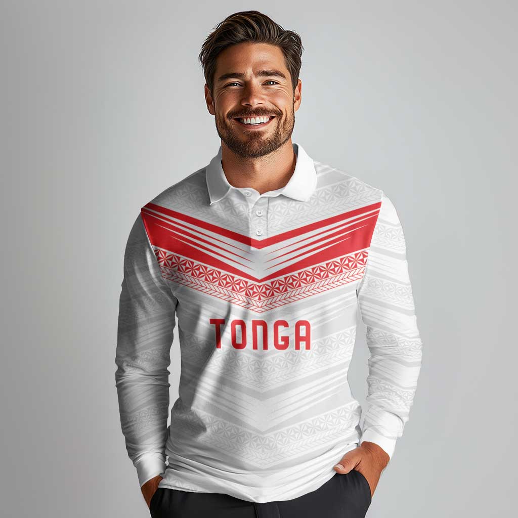 Custom Pacific Rugby Spirit Long Sleeve Polo Shirt Tonga Ngatu Pride White Edition LT9 - Polynesian Pride