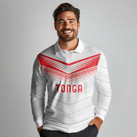 Custom Pacific Rugby Spirit Long Sleeve Polo Shirt Tonga Ngatu Pride White Edition LT9 - Polynesian Pride